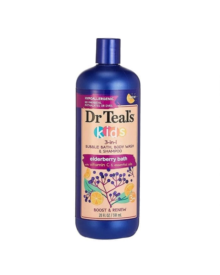 Dr teal's kids 3 in 1 bubble bath body wash & shampoo,elderberry bath with vitamin c & essential oils 591ml